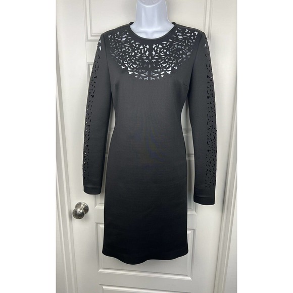 Clover Canyon Dresses & Skirts - Clover Canyon Dress Size M Black Scuba Fabrics Laser Cutout Long Sleeve Sheath